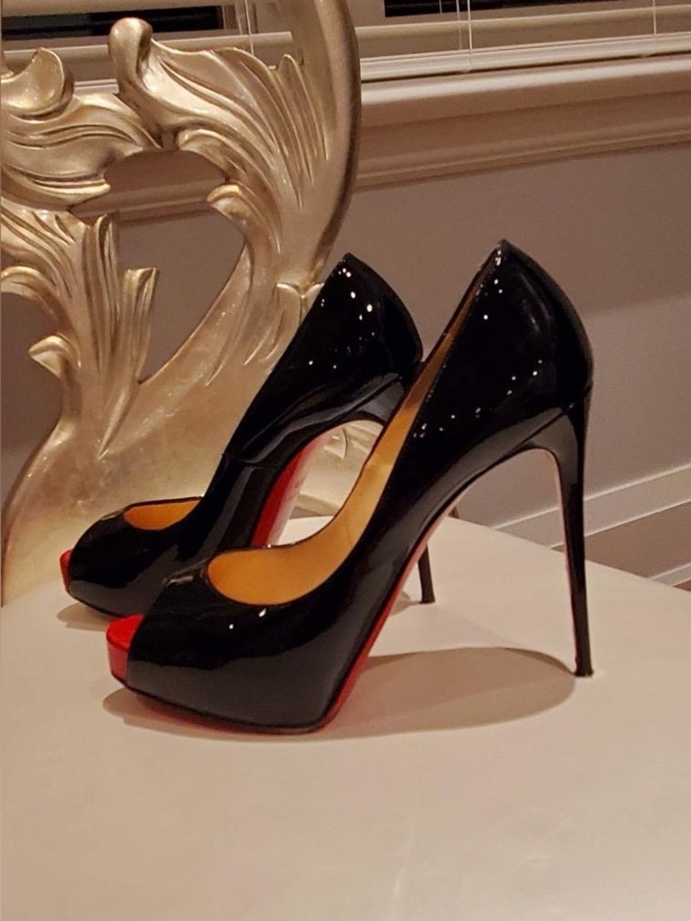 Christian Louboutin Patent Peep-Toe Heels Women's Black Patent Peep-Toe High Hee